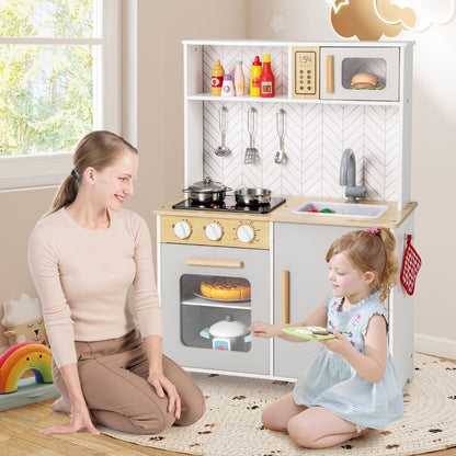 Kids Kitchen Playset with Lights and Sounds Stove Oven Sink Faucet Microwave-White