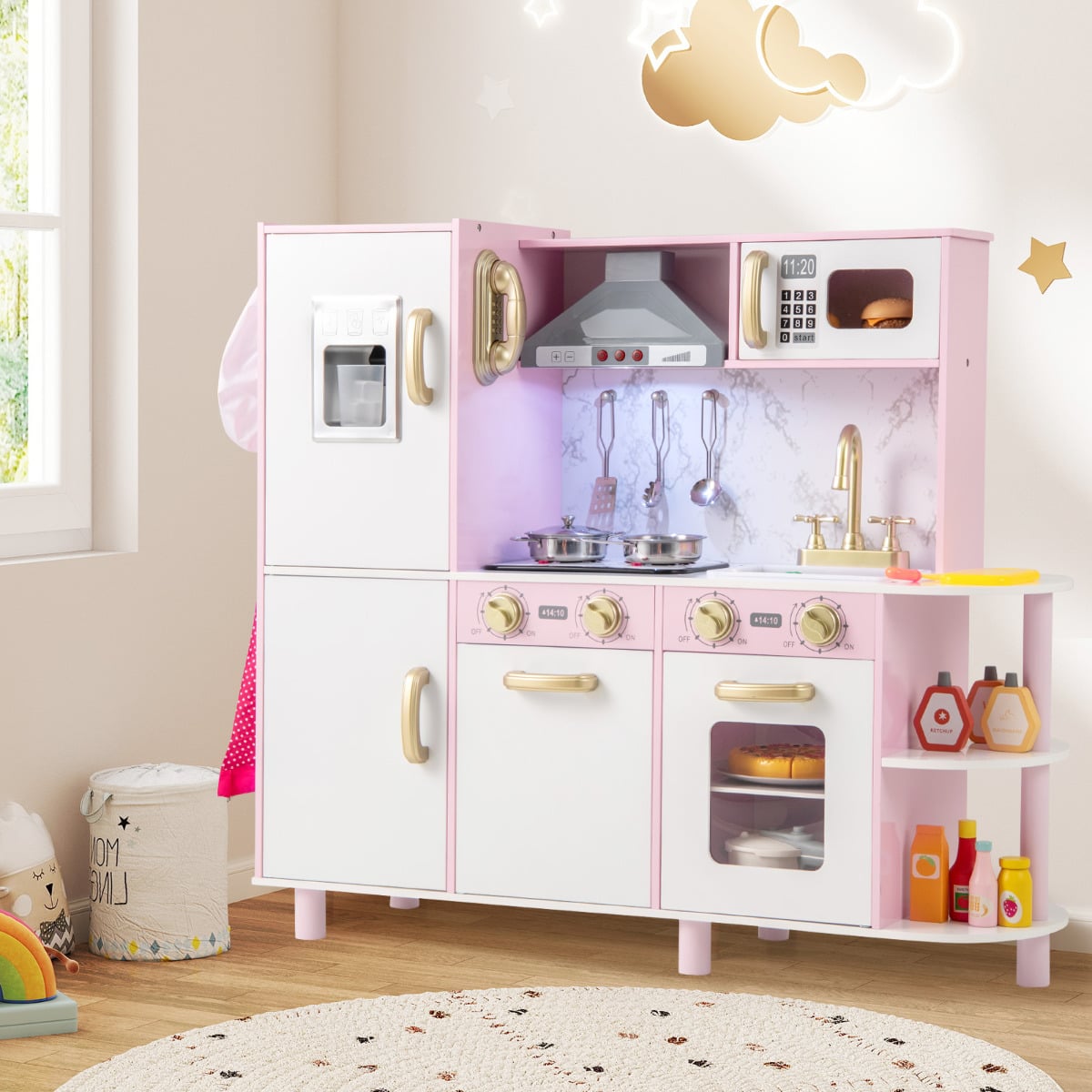 Kids Kitchen Playset Pretend Wooden Play Kitchen with Apron for 3+ Years Old-Pink