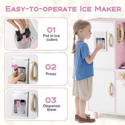 Kids Kitchen Playset Pretend Wooden Play Kitchen with Apron for 3+ Years Old-Pink