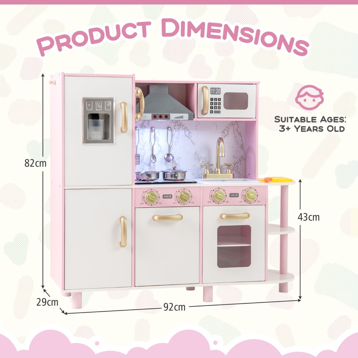 Kids Kitchen Playset Pretend Wooden Play Kitchen with Apron for 3+ Years Old-Pink