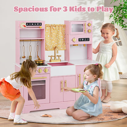 Kids Kitchen Playset with Coffee Maker and Stove Top and Golden Utensils-Pink