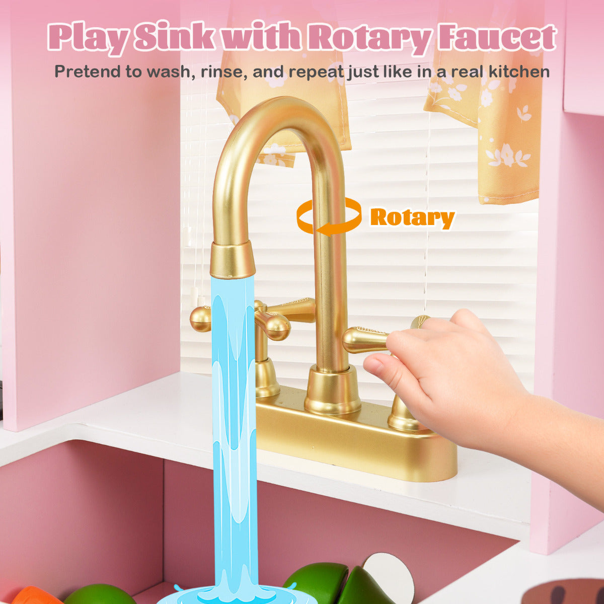 Kids Kitchen Playset with Coffee Maker and Stove Top and Golden Utensils-Pink