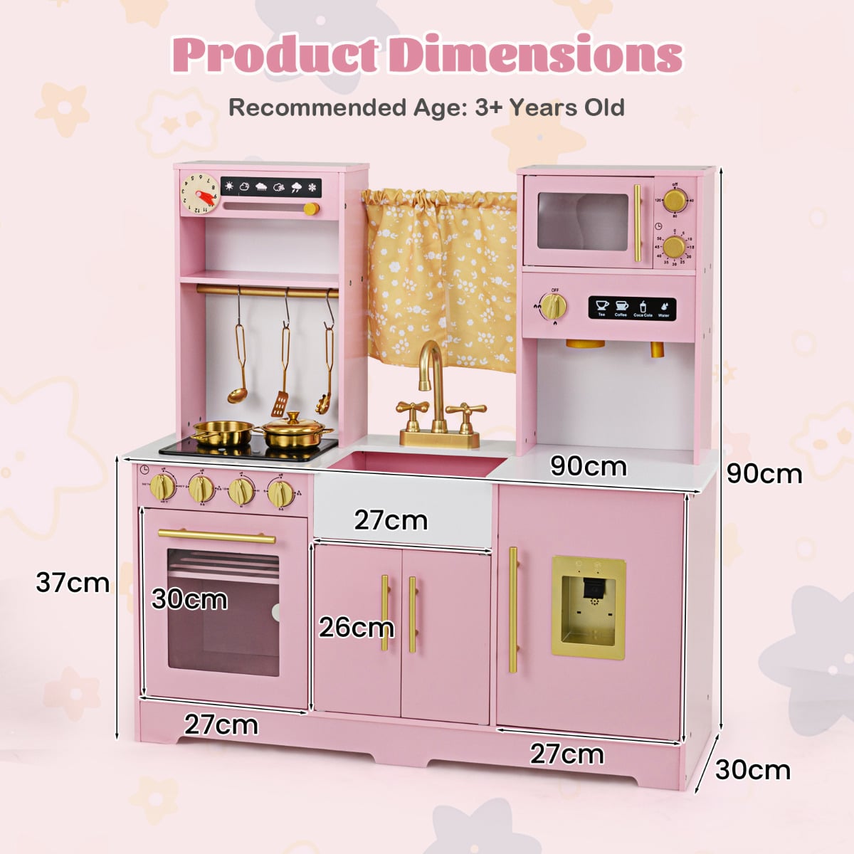 Kids Kitchen Playset with Coffee Maker and Stove Top and Golden Utensils-Pink