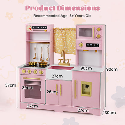 Kids Kitchen Playset with Coffee Maker and Stove Top and Golden Utensils-Pink
