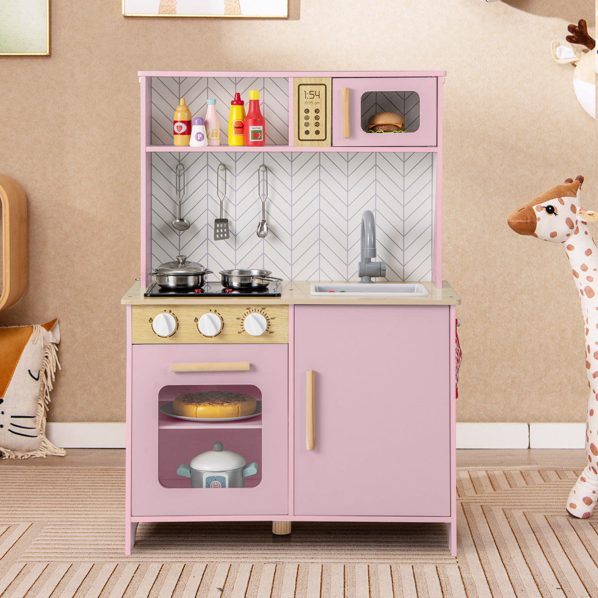 Kids Kitchen Playset with Lights and Sounds Stove Oven Sink Faucet Microwave-Pink