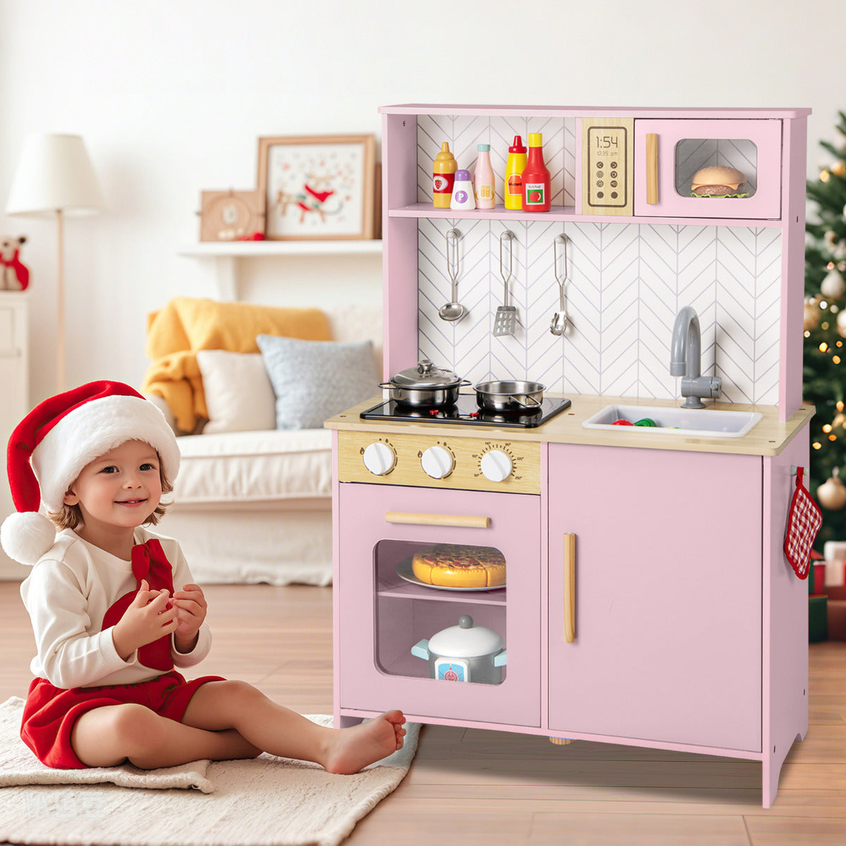 Kids Kitchen Playset with Lights and Sounds Stove Oven Sink Faucet Microwave-Pink