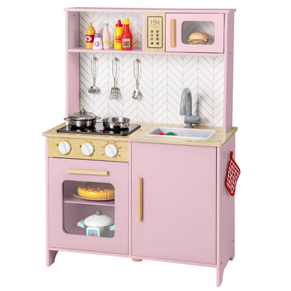 Kids Kitchen Playset with Lights and Sounds Stove Oven Sink Faucet Microwave-Pink
