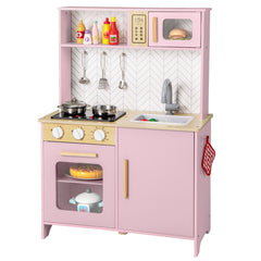 Kids Kitchen Playset with Lights and Sounds Stove Oven Sink Faucet Microwave-Pink
