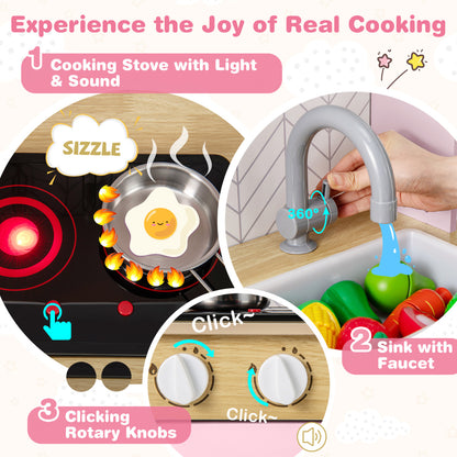 Kids Kitchen Playset with Lights and Sounds Stove Oven Sink Faucet Microwave-Pink