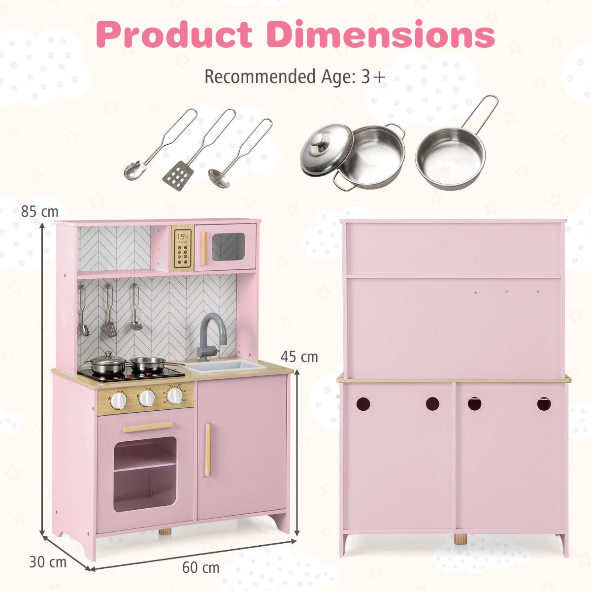 Kids Kitchen Playset with Lights and Sounds Stove Oven Sink Faucet Microwave-Pink