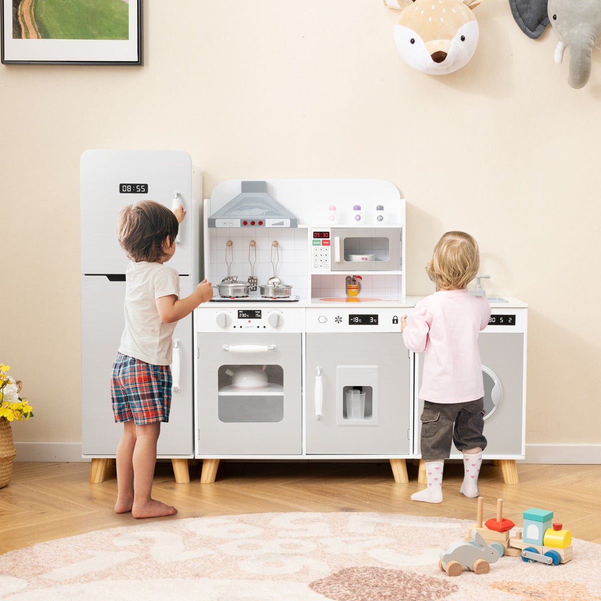 Kids Kitchen Playset with Refrigerator and Washing Machine-Grey