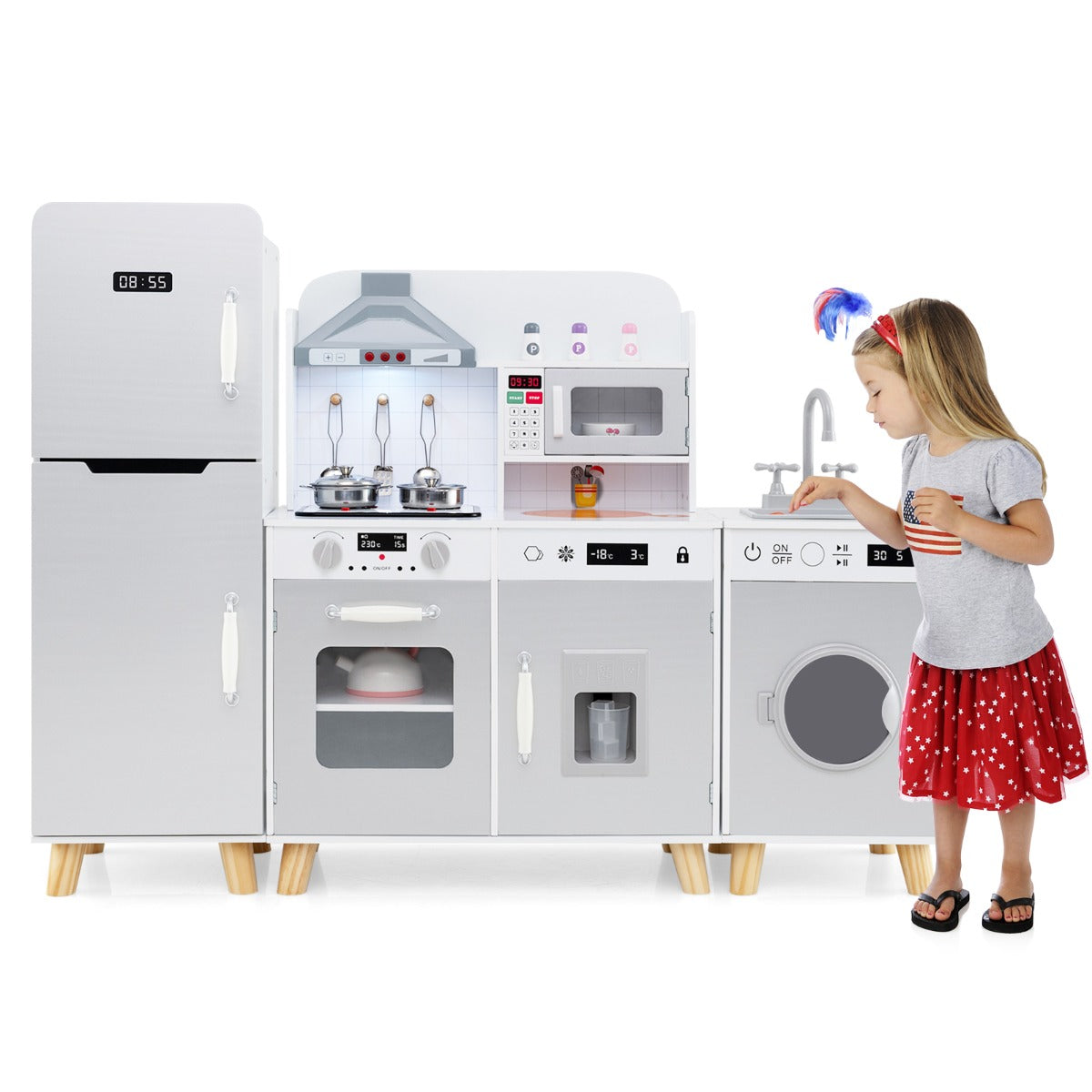 Kids Kitchen Playset with Refrigerator and Washing Machine-Grey