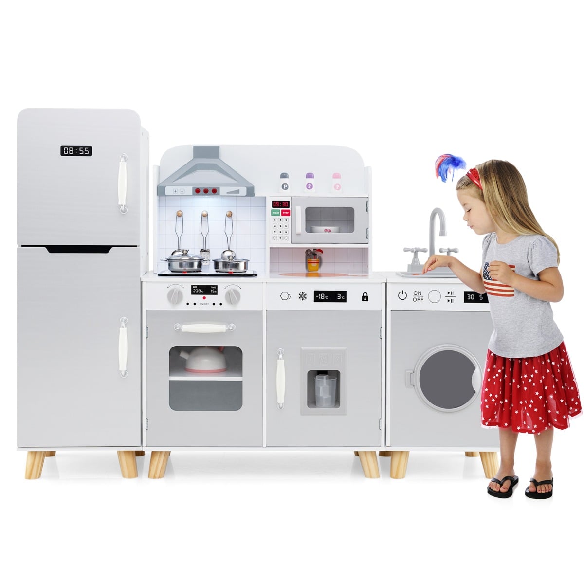 Kids Kitchen Playset with Refrigerator and Washing Machine-Grey