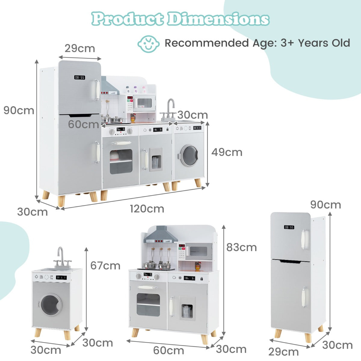 Kids Kitchen Playset with Refrigerator and Washing Machine-Grey