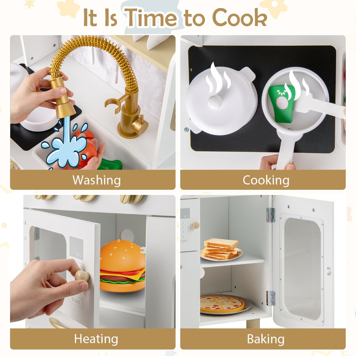 Kids Kitchen Setwith Stoves Faucet Sink Telephone Microwave and Oven-White