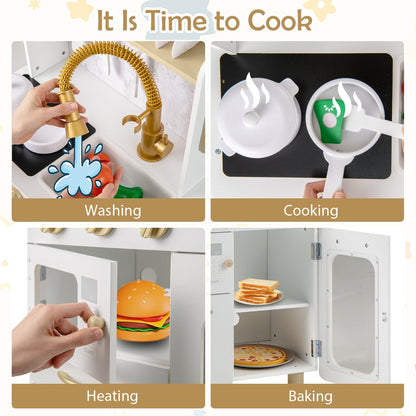 Kids Kitchen Setwith Stoves Faucet Sink Telephone Microwave and Oven-White