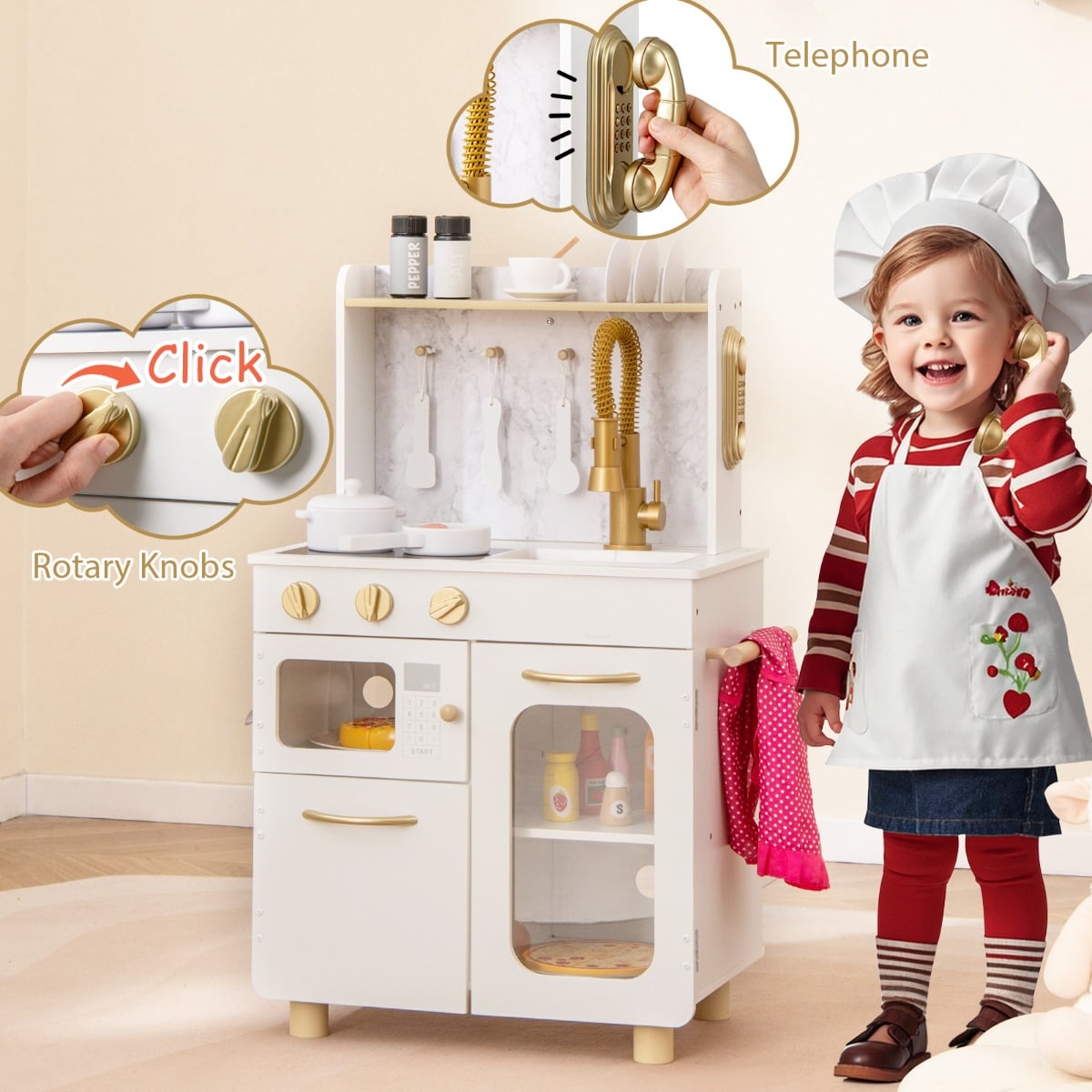 Kids Kitchen Setwith Stoves Faucet Sink Telephone Microwave and Oven-White