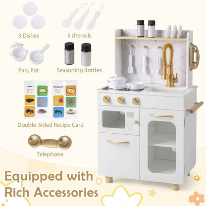 Kids Kitchen Setwith Stoves Faucet Sink Telephone Microwave and Oven-White
