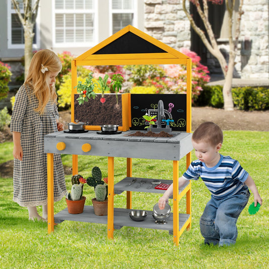 Kids Mud Kitchen Outdoor Kitchen Playset with Educational Plant Viewer-Grey
