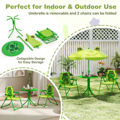 Kids Picnic Table and Chair Set with 2 Folding Chairs and Height Adjustable Umbrella-Green