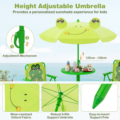 Kids Picnic Table and Chair Set with 2 Folding Chairs and Height Adjustable Umbrella-Green