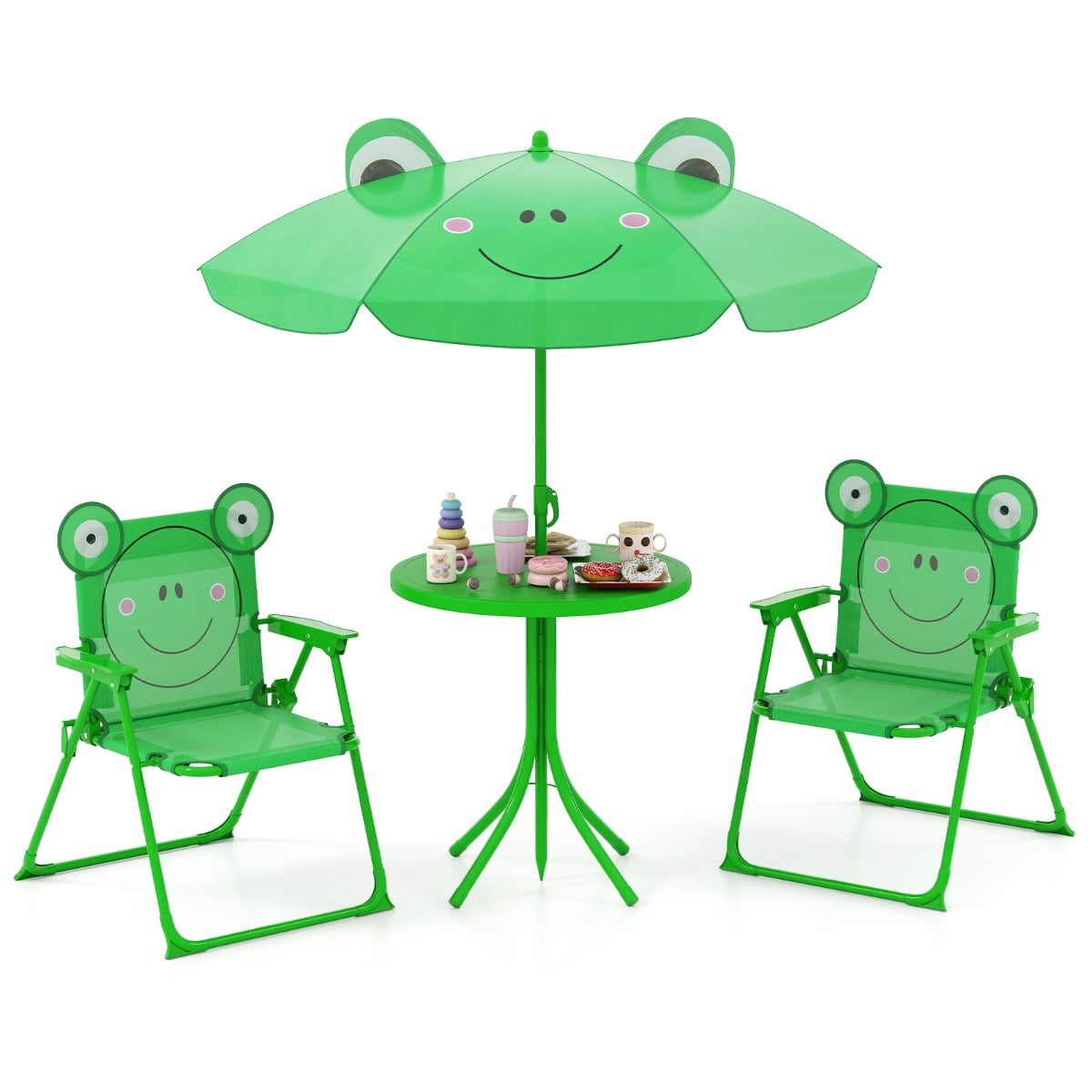 Kids Picnic Table and Chair Set with 2 Folding Chairs and Height Adjustable Umbrella-Dark Green