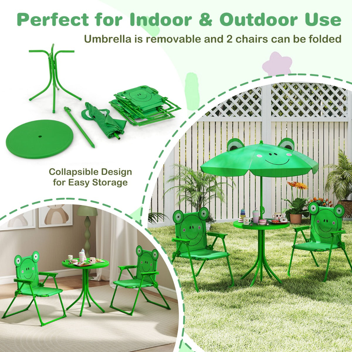 Kids Picnic Table and Chair Set with 2 Folding Chairs and Height Adjustable Umbrella-Dark Green