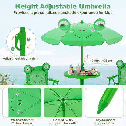 Kids Picnic Table and Chair Set with 2 Folding Chairs and Height Adjustable Umbrella-Dark Green