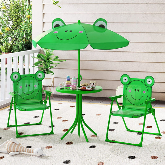 Kids Picnic Table and Chair Set with 2 Folding Chairs and Height Adjustable Umbrella-Dark Green