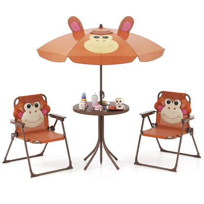 Kids Picnic Table and Chair Set with 2 Folding Chairs and Height Adjustable Umbrella-Brown