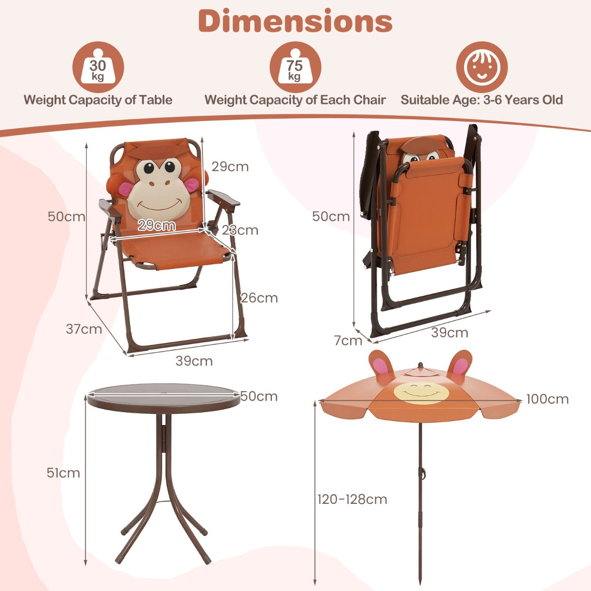 Kids Picnic Table and Chair Set with 2 Folding Chairs and Height Adjustable Umbrella-Brown