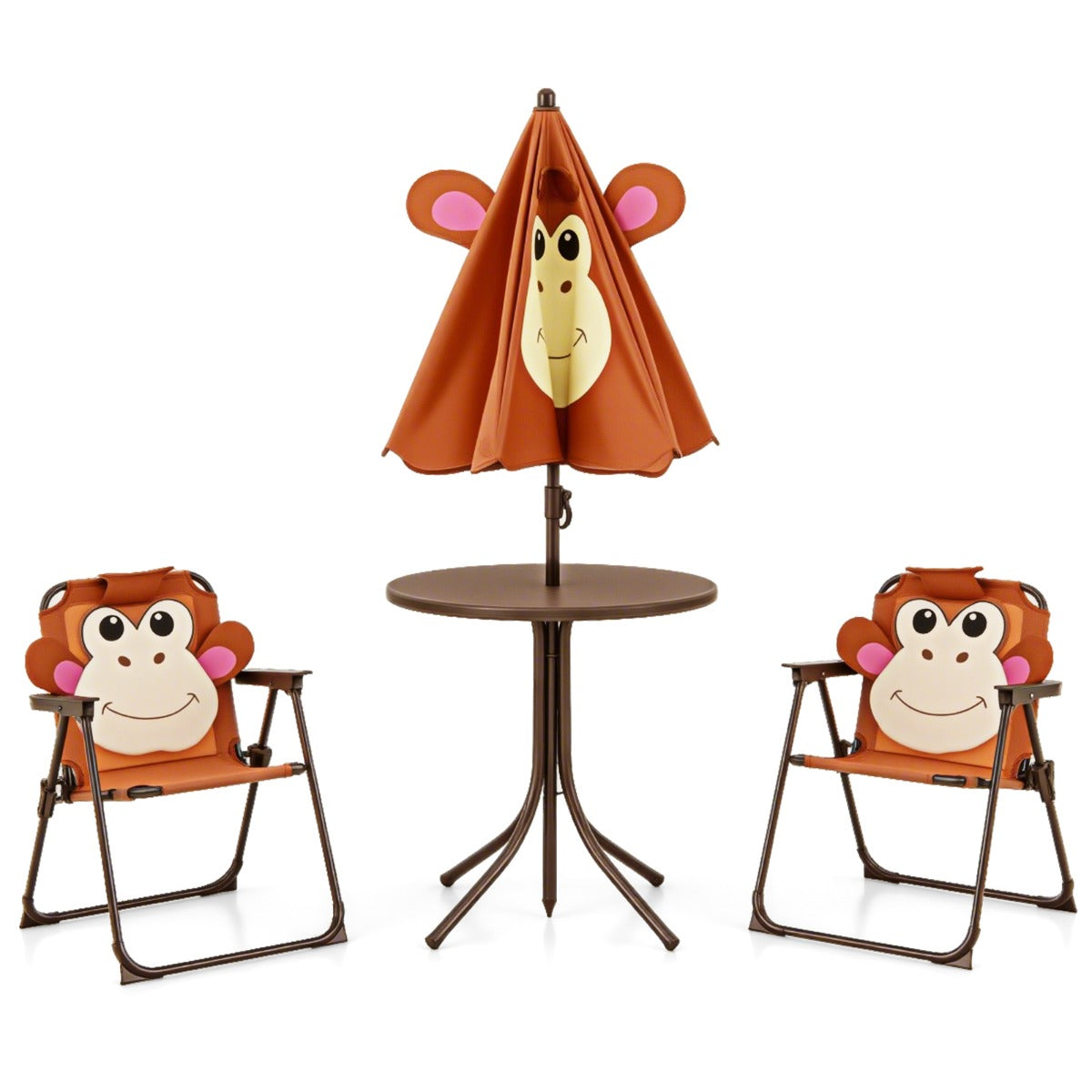 Kids Picnic Table and Chair Set with 2 Folding Chairs and Height Adjustable Umbrella-Brown