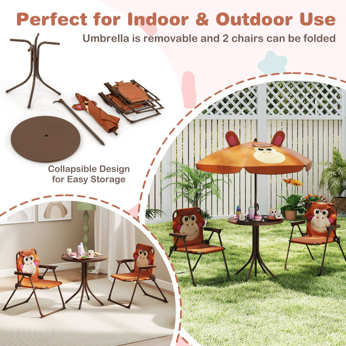 Kids Picnic Table and Chair Set with 2 Folding Chairs and Height Adjustable Umbrella-Brown