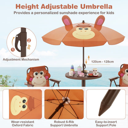 Kids Picnic Table and Chair Set with 2 Folding Chairs and Height Adjustable Umbrella-Brown