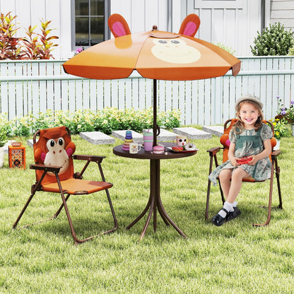 Kids Picnic Table and Chair Set with 2 Folding Chairs and Height Adjustable Umbrella-Brown