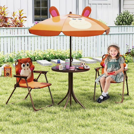 Kids Picnic Table and Chair Set with 2 Folding Chairs and Height Adjustable Umbrella-Brown