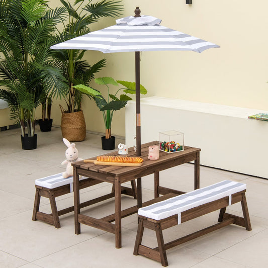 Kids Picnic Table with Cushions and Umbrella-Grey