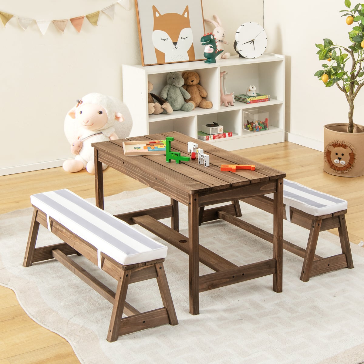 Kids Picnic Table with Cushions and Umbrella-Grey