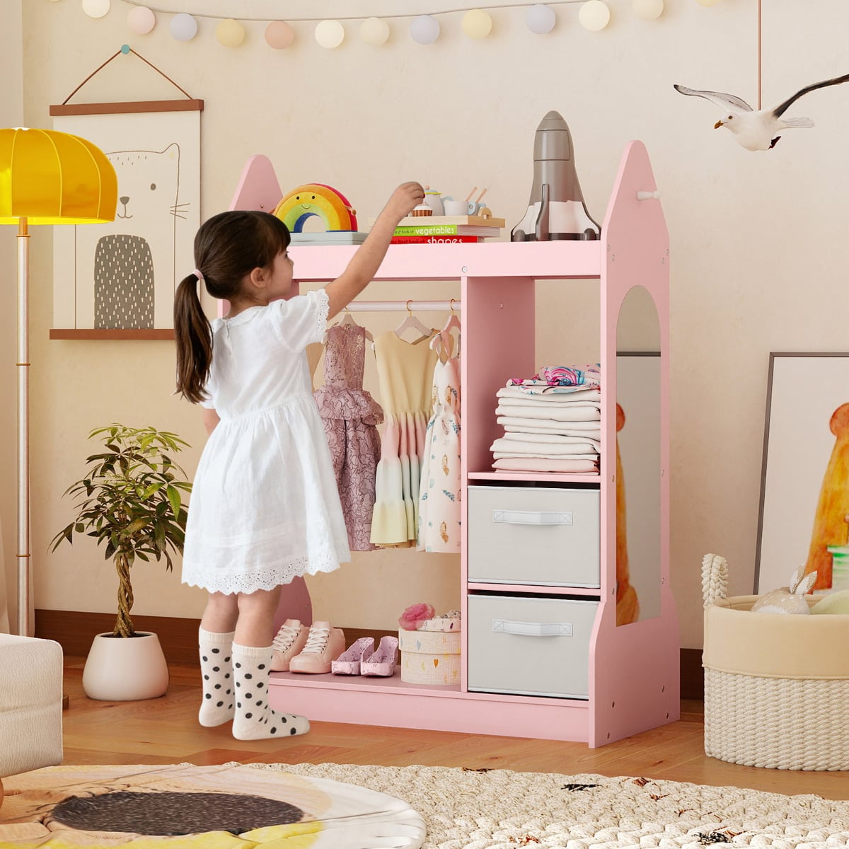 Kids Play Armoire Dresser with Acrylic Mirror Cloth Hanger-Pink