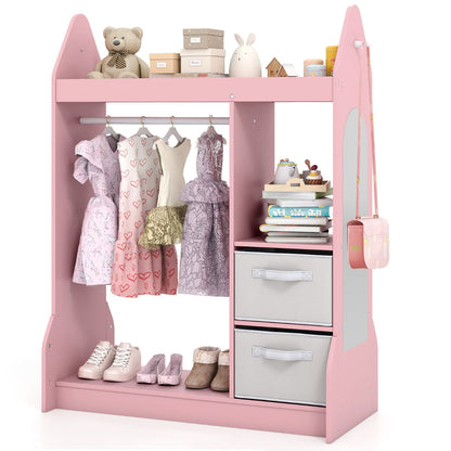 Kids Play Armoire Dresser with Acrylic Mirror Cloth Hanger-Pink