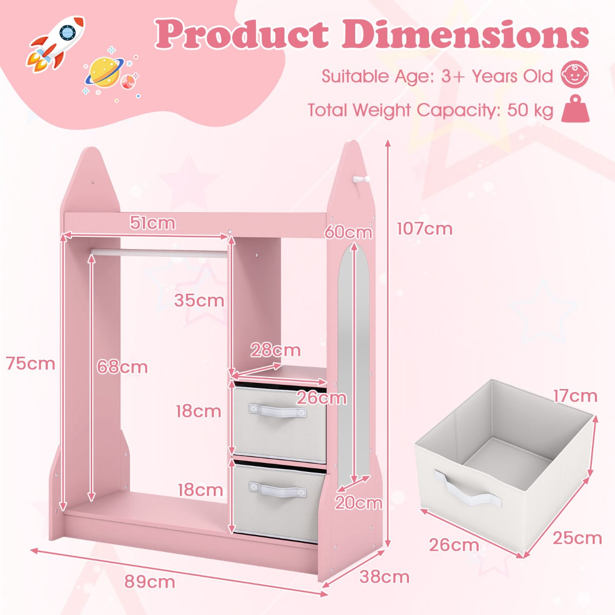 Kids Play Armoire Dresser with Acrylic Mirror Cloth Hanger-Pink