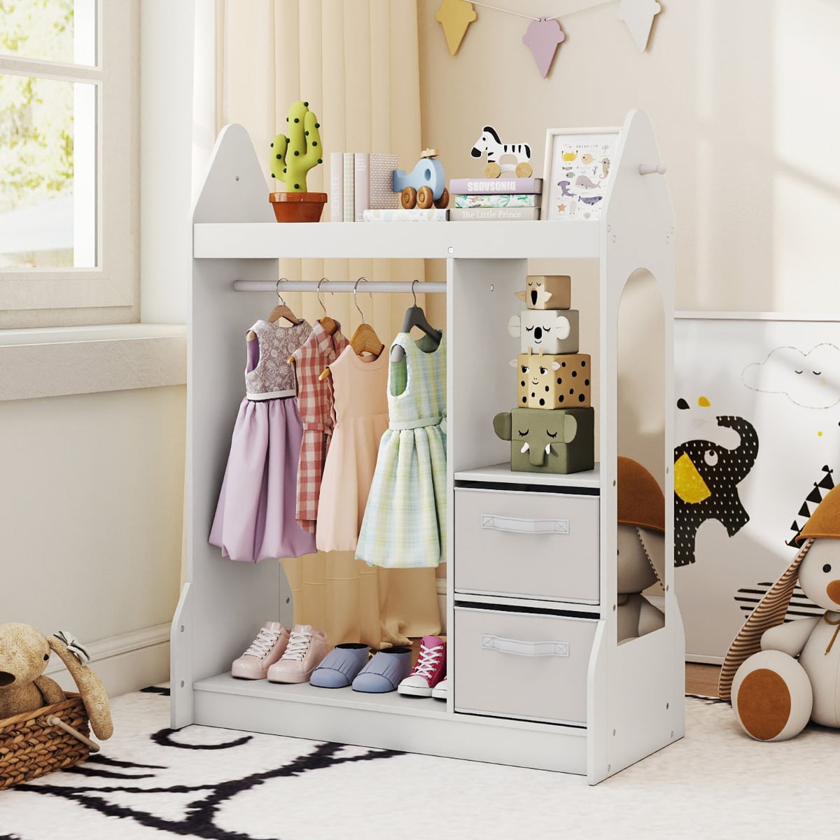 Kids Play Armoire Dresser with Acrylic Mirror Cloth Hanger-White