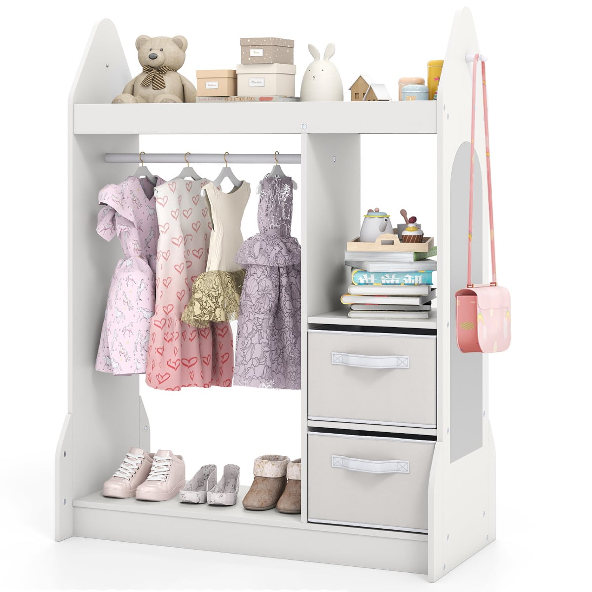 Kids Play Armoire Dresser with Acrylic Mirror Cloth Hanger-White