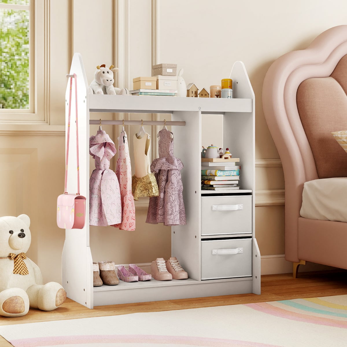 Kids Play Armoire Dresser with Acrylic Mirror Cloth Hanger-White