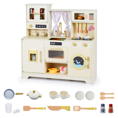 Kids Pretend Toy Kitchen Playset with Stoves Faucet-Beige