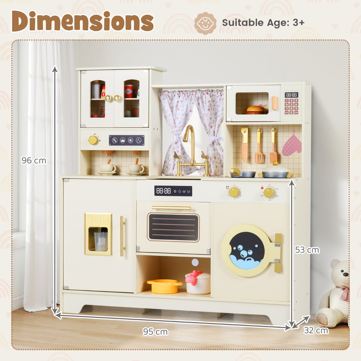 Kids Pretend Toy Kitchen Playset with Stoves Faucet-Beige