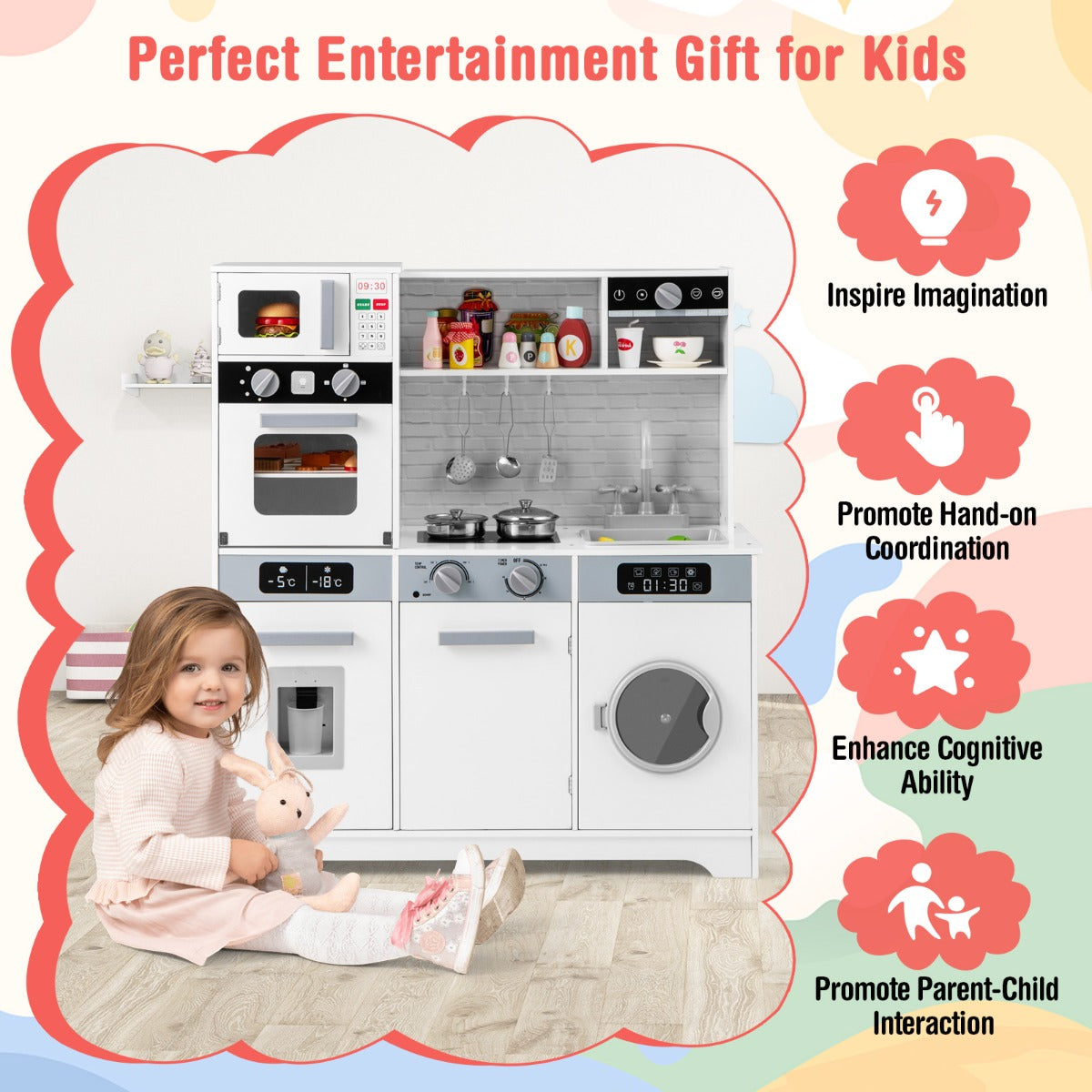 Kids Play Kitchen Toy Set with Water Dispenser and Sink-White