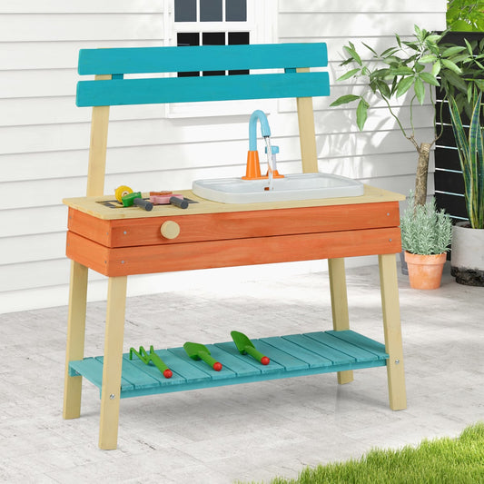 Kids Play Kitchen Set Wooden Kitchen Playset with Cooking & Gardening Accessories-Blue