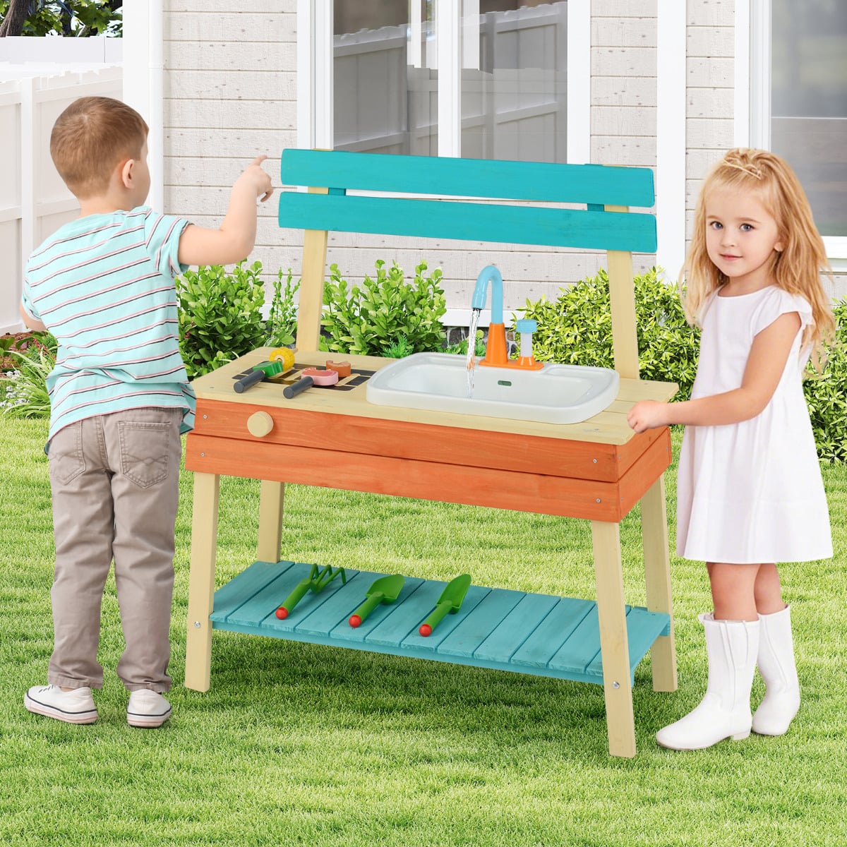Kids Play Kitchen Set Wooden Kitchen Playset with Cooking & Gardening Accessories-Blue