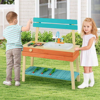 Kids Play Kitchen Set Wooden Kitchen Playset with Cooking & Gardening Accessories-Blue